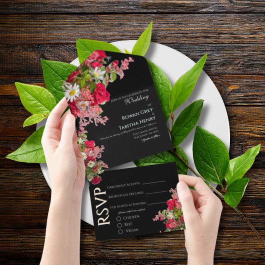 Elegant Floral Black & Colorful Wedding Invitation オールインワン招待状