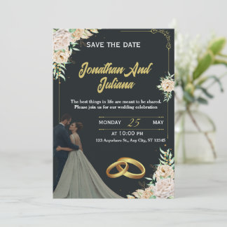 Elegant Floral Black Gold Custom Wedding Invite  招待状