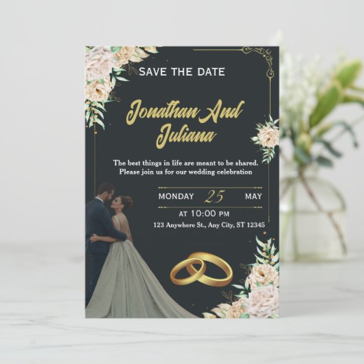 Elegant Floral Black Gold Custom Wedding Invite  招待状 (スタンド正面)
