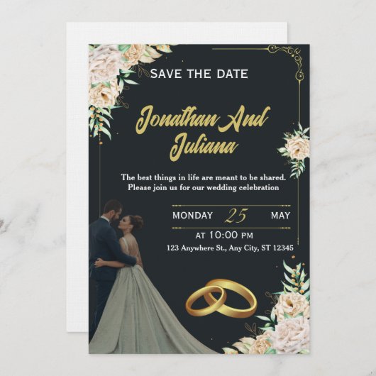 Elegant Floral Black Gold Custom Wedding Invite  招待状 (正面/裏面)