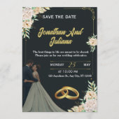 Elegant Floral Black Gold Custom Wedding Invite  招待状 (正面)