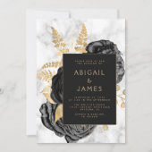 Elegant Floral Black Gold Gray Marble Wedding 招待状 (正面)