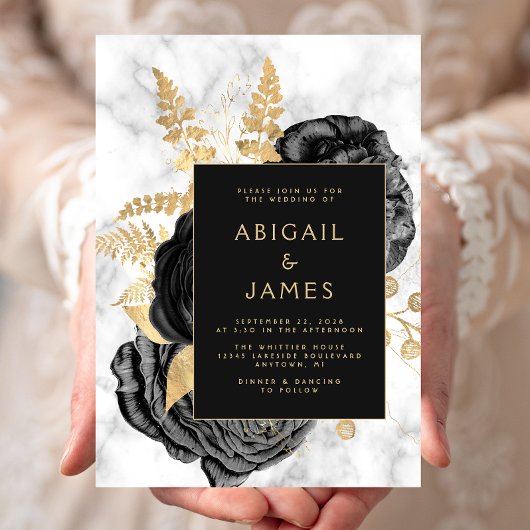Elegant Floral Black Gold Gray Marble Wedding 招待状