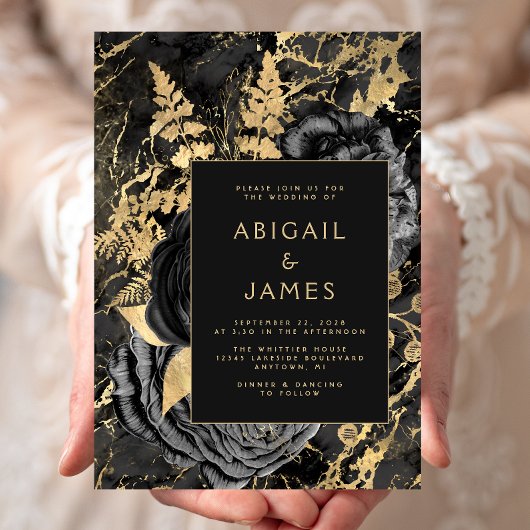 Elegant Floral Black Gold Marble Wedding 招待状