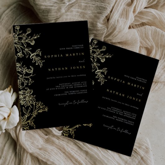 Elegant Floral Black Gold Wedding 箔招待状