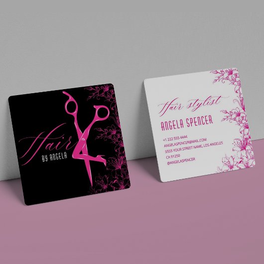 Elegant Floral Black & Pink Hair Salon Beauty スクエア名刺