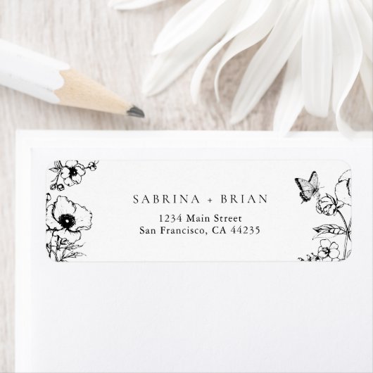 Elegant Floral Black White Wedding Return Address ラベル (インサイチュ)