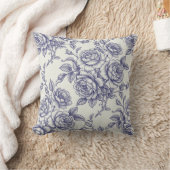 Elegant Floral Blue Cream Roses Toile de Jouy クッション (ブランケット)