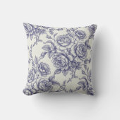 Elegant Floral Blue Cream Roses Toile de Jouy クッション (正面)