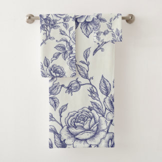 Elegant Floral Blue Cream Roses Toile de Jouy バスタオルセット