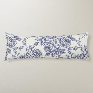 Elegant Floral Blue Cream Roses Toile de Jouy ボディピロー