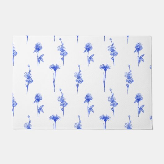 Elegant Floral Blue Flowers Doormat ドアマット (正面)