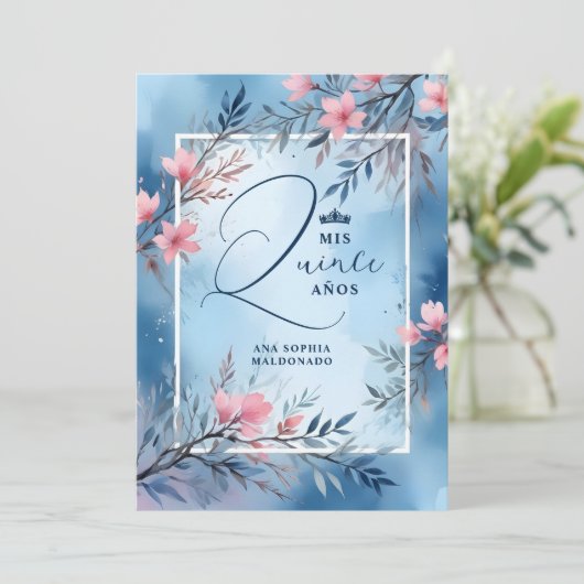 Elegant Floral Blue & Pink Romantic Frame XV's 招待状 (スタンド正面)