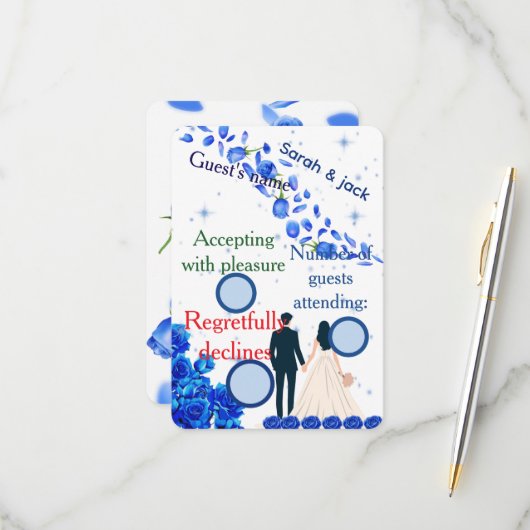 Elegant floral blue RSVP card wedding  (正面/裏面インサイチュ)