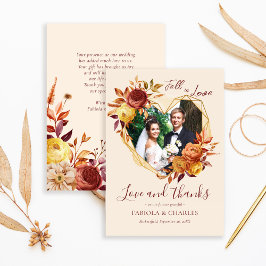 Elegant Floral Boho Fall in Love Photo Wedding サンキューカード