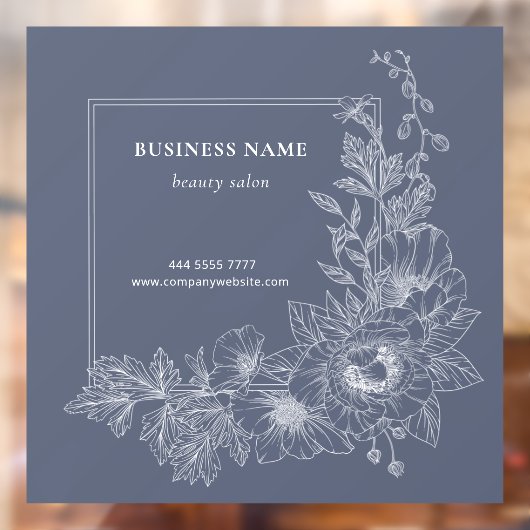 Elegant Floral Border Beauty Salon Dusty Blue ウィンドウサイン (シート2)