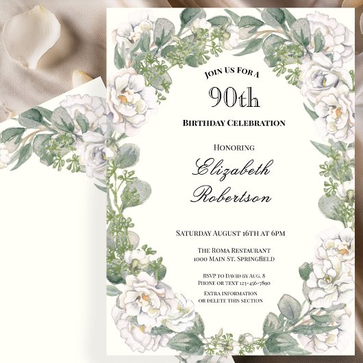 Elegant Floral Border Women's 90th Birthday  招待状