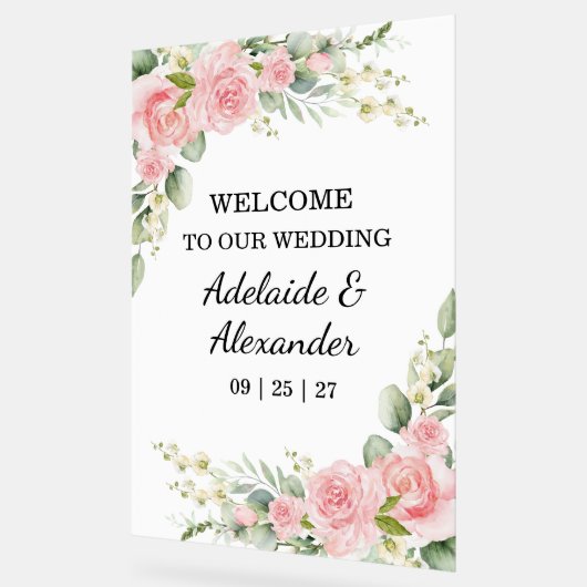 Elegant Floral Botanical Rose Pink Wedding アクリルサイン (傾斜)