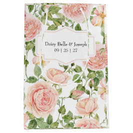 Elegant Floral Botanical Rose Pink Wedding ミディアムペーパーバッグ