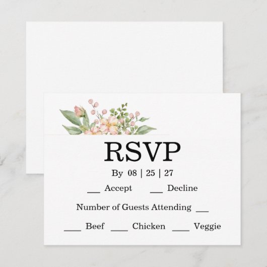 Elegant Floral Botanical Rose Pink Wedding 出欠カード (正面/裏面)