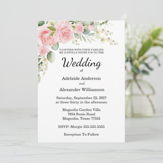 Elegant Floral Botanical Rose Pink Wedding 招待状 (スタンド正面)