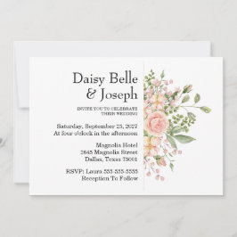 Elegant Floral Botanical Rose Pink Wedding 招待状