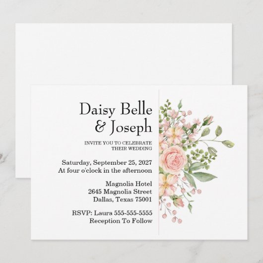Elegant Floral Botanical Rose Pink Wedding 招待状 (正面/裏面)