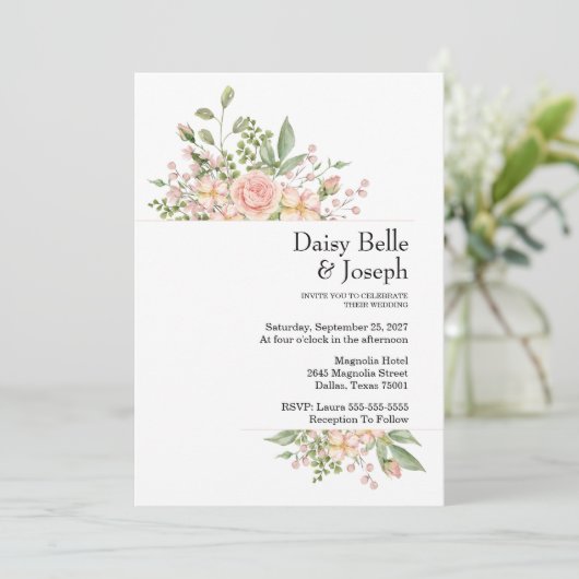 Elegant Floral Botanical Rose Pink Wedding 招待状 (スタンド正面)