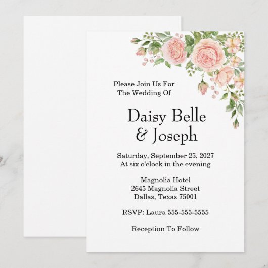 Elegant Floral Botanical Rose Pink Wedding 招待状 (正面/裏面)