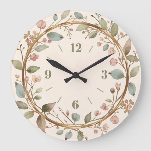 Elegant Floral Botanical Wall Clock with flowers ラージ壁時計 (正面)