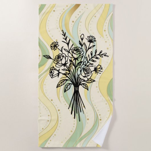 Elegant Floral Bouquet Line Art ビーチタオル (正面)