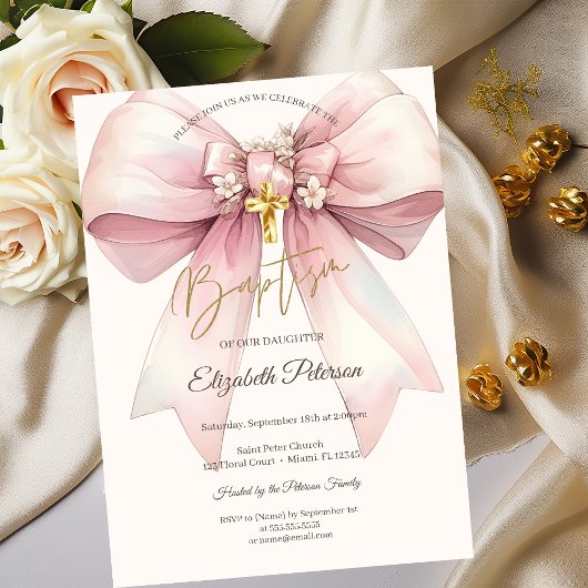 Elegant Floral Bow Gold Cross Baptism 招待状