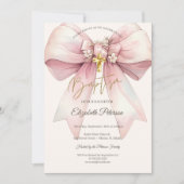 Elegant Floral Bow Gold Cross Baptism 招待状 (正面)