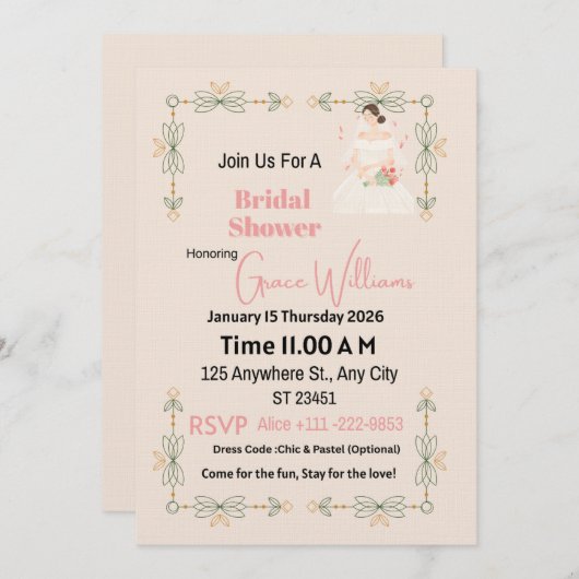 Elegant Floral Bridal Shower Invitation | Customiz 招待状 (正面/裏面)