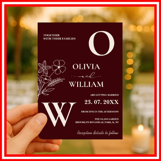 Elegant Floral Burgundy & Ivory Formal Wedding 招待状