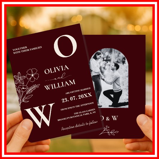 Elegant Floral Burgundy Ivory Formal Wedding Photo 招待状