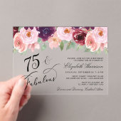Elegant Floral Burgundy Pink 75th Birthday Party アクリル招待状 (インサイチュ (ポータブル))