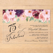Elegant Floral Burgundy Pink 75th Birthday Party アクリル招待状 (正面)