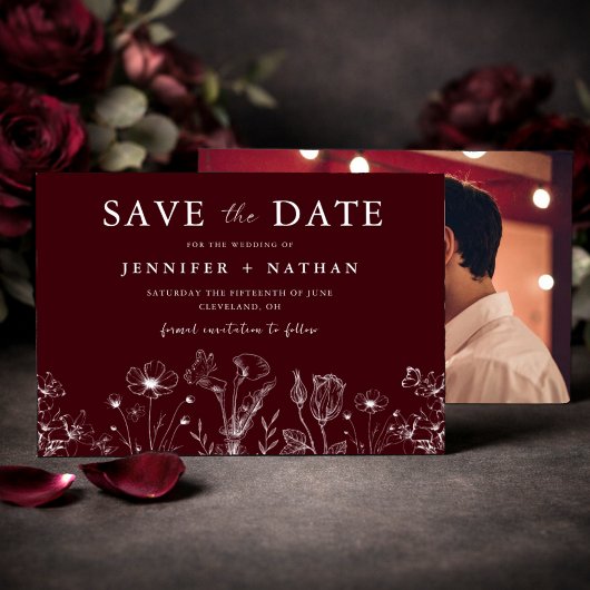Elegant Floral Burgundy Save the Date Card  セーブザデート