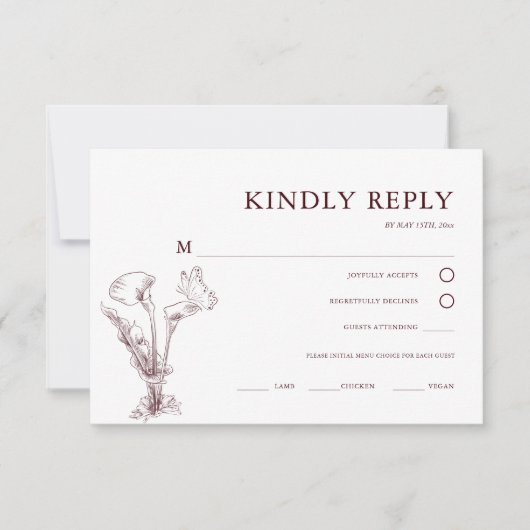 Elegant Floral Burgundy Wedding 出欠カード (正面)