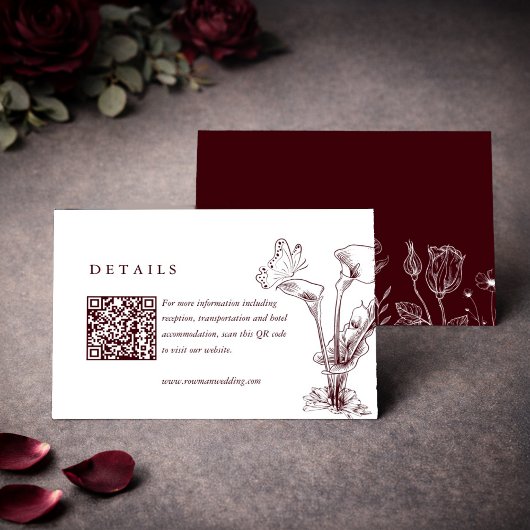 Elegant Floral Burgundy Wedding Details QR Code  エンクロージャーカード