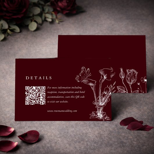 Elegant Floral Burgundy Wedding Details QR Code  エンクロージャーカード