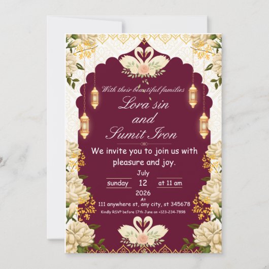 Elegant Floral Burgundy Wedding Invitation  招待状 (正面)