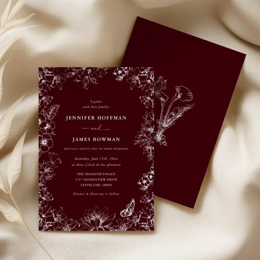 Elegant Floral Burgundy Wedding Invitation 招待状