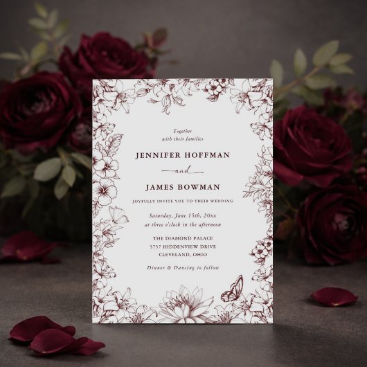 Elegant Floral Burgundy Wedding Invitation 招待状