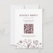 Elegant Floral Burgundy Wedding QR Code 出欠カード (正面)