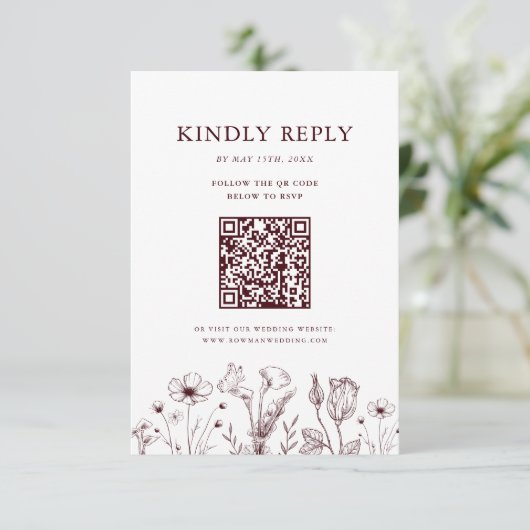 Elegant Floral Burgundy Wedding QR Code 出欠カード (スタンド正面)