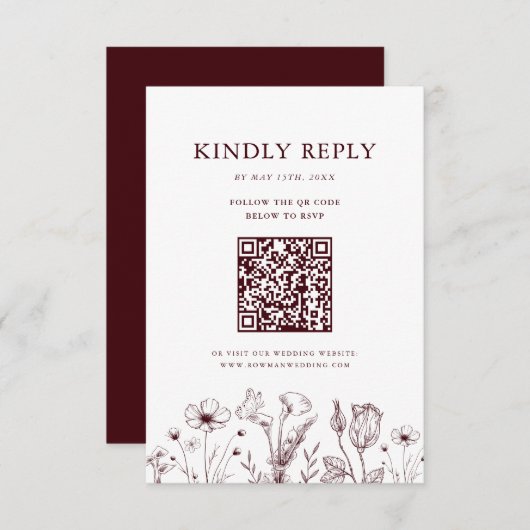 Elegant Floral Burgundy Wedding QR Code 出欠カード (正面/裏面)