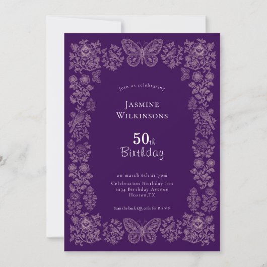 Elegant Floral Butterfly 50th Birthday Invitation  招待状 (正面)