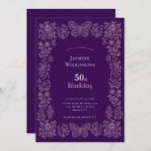 Elegant Floral Butterfly 50th Birthday Invitation  招待状 (正面/裏面)
